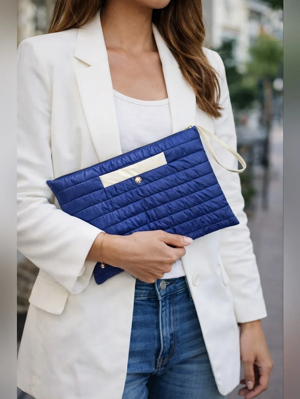 Kate Spade Blue Quilted Nylon Pouch Clutch Cosmetic Bag Gold Logo